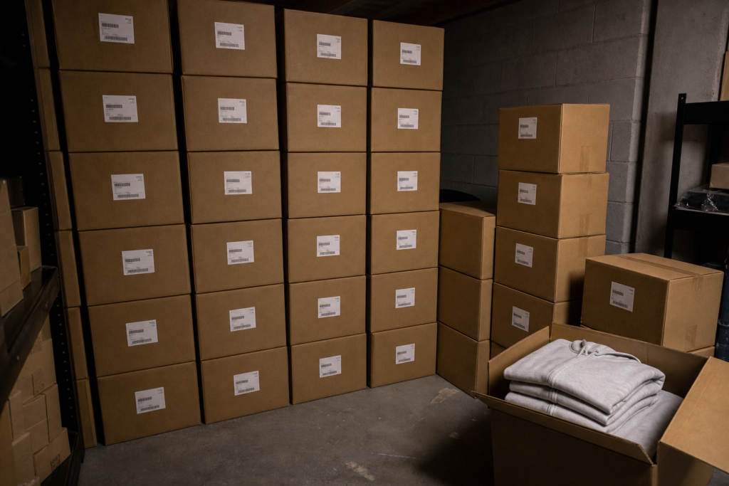Unsold inventory boxes for a new clothing brand