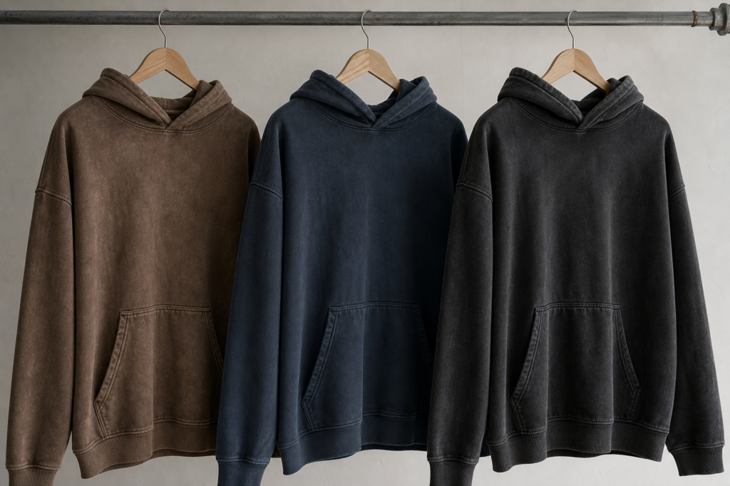 Same hoodie fit with different fabrics and washes