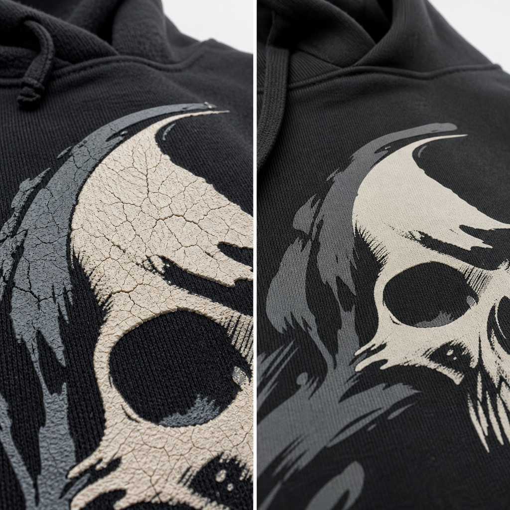 A close-up shot shows a screen printing squeegee pulling white ink across a heavy black hoodie, creating a clear texture and demonstrating professional craftsmanship.