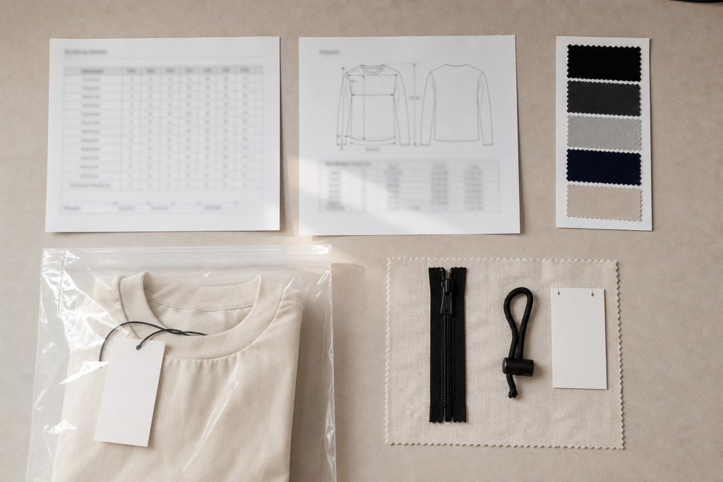 Key elements included in a clothing tech pack for apparel manufacturing