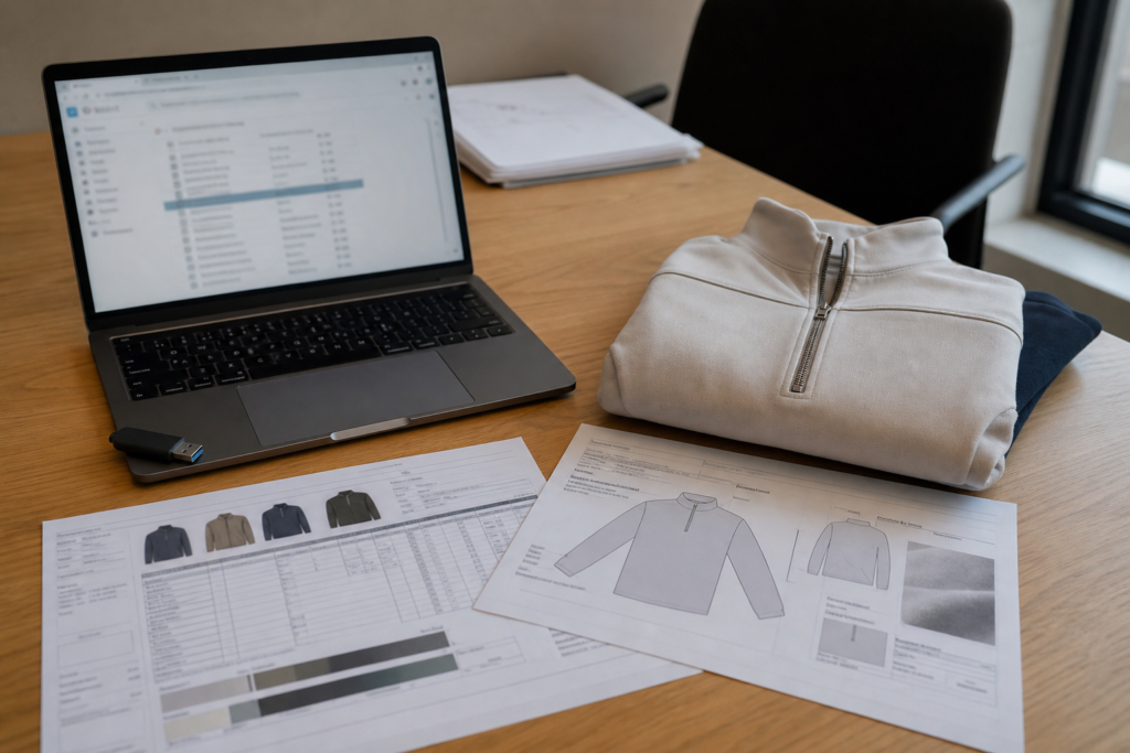Sending a tech pack to an OEM clothing manufacturer for sampling and production
