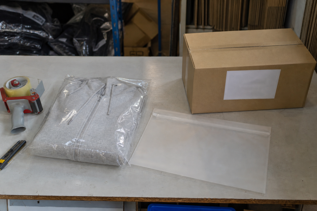Polybags, frosted zip bags and carton labeling for streetwear packaging