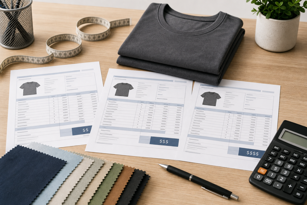Factory quotations compared on a desk with a T-shirt, calculator, and fabric swatches