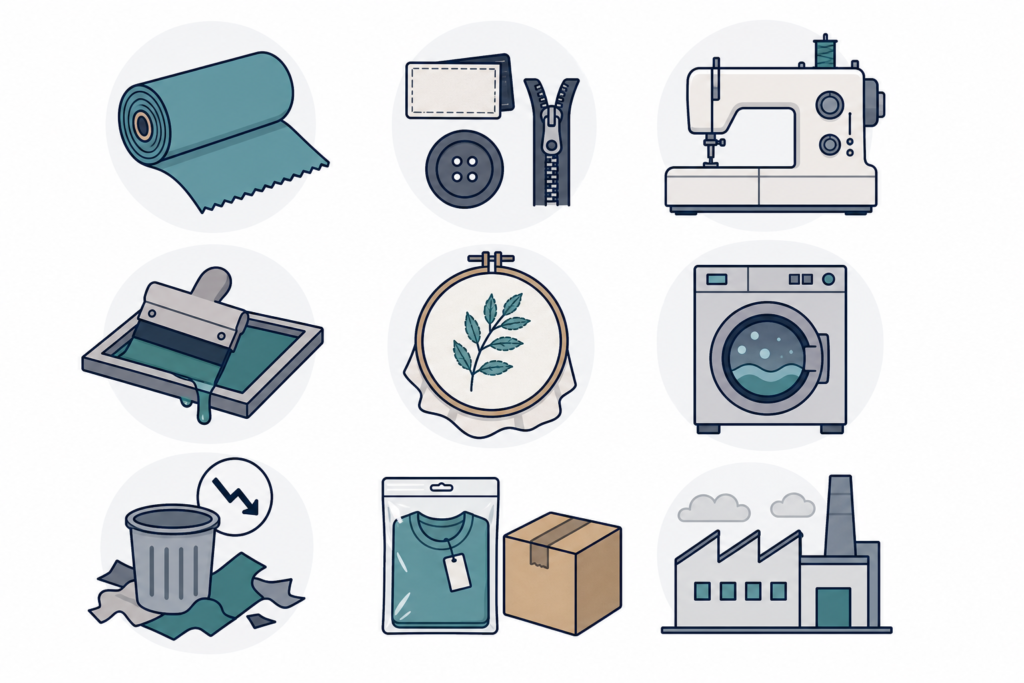 Infographic icons showing fabric, trims, labor, printing, washing, loss, packaging, and overhead cost components
