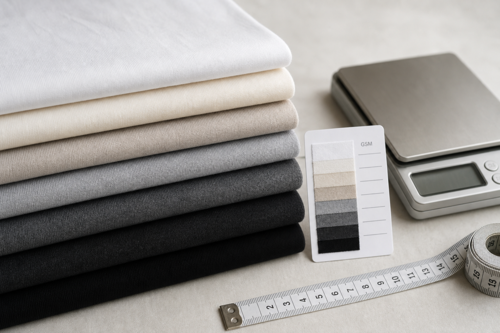 Cotton fabric swatches of different weights to illustrate GSM impact on garment cost