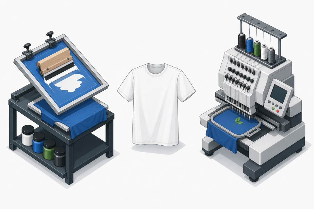 Screen printing and embroidery processes shown side by side for apparel decoration costing

