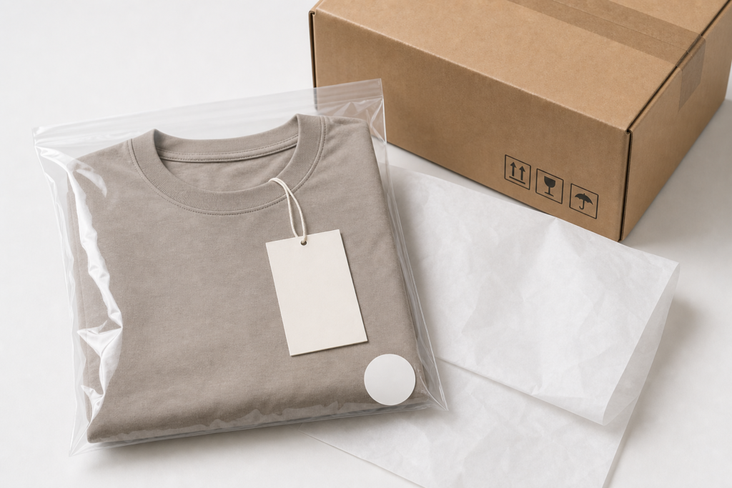 T-shirt packaging components including polybag, hangtag, tissue paper, and shipping carton