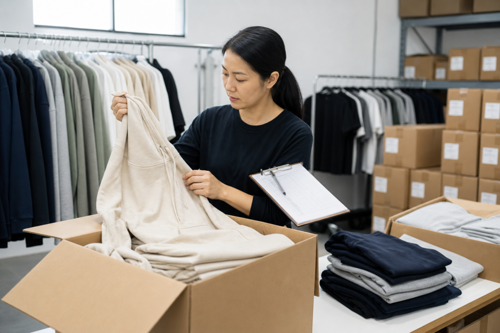 A garment quality inspector checking hoodies and T-shirts from opened cartons in a warehouse before shipment