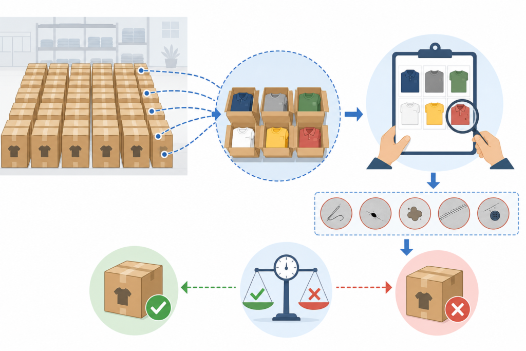 Concept illustration of AQL sampling in garment inspection, showing a small sample taken from a larger shipment of clothing