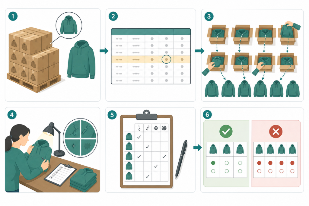Visual workflow of an AQL inspection for a lot of 3000 hoodies from sample selection to accept or reject decision