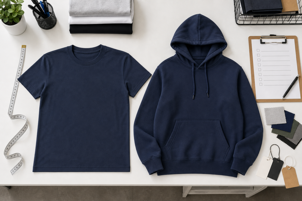 Flat lay of a T-shirt and hoodie on a QC table with a measuring tape and checklist for garment inspection