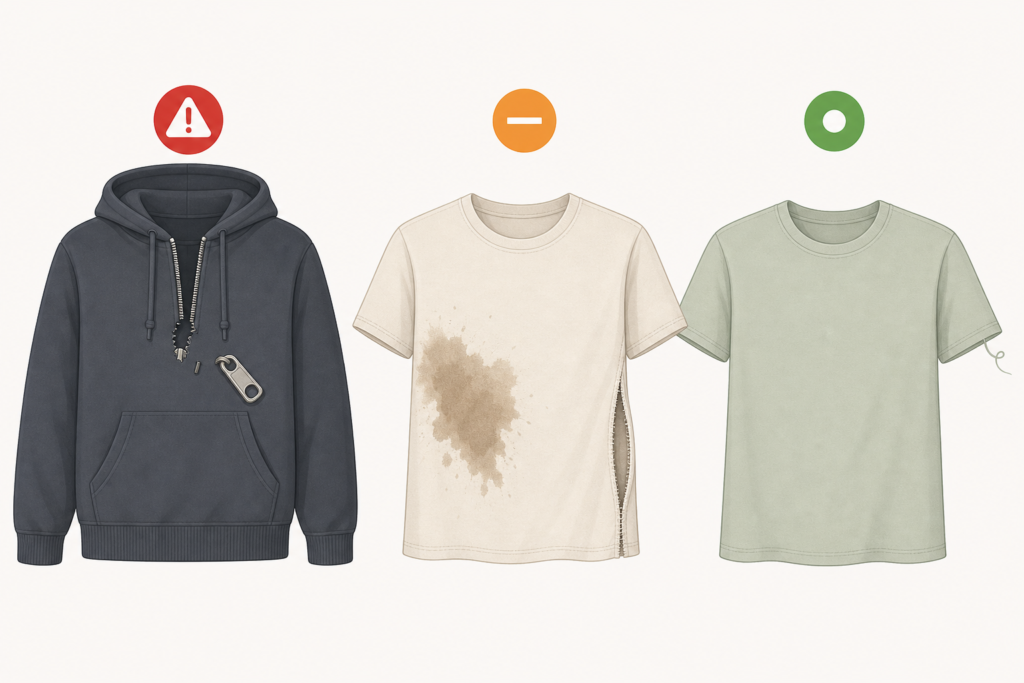 Flat lay of a T-shirt and hoodie on a QC table with a measuring tape and checklist for garment inspection