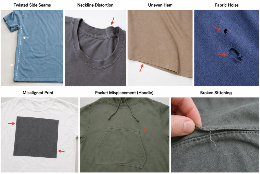 Collage of common T-shirt and hoodie defects such as twisted seams, neckline distortion, misaligned prints, and pocket placement issues