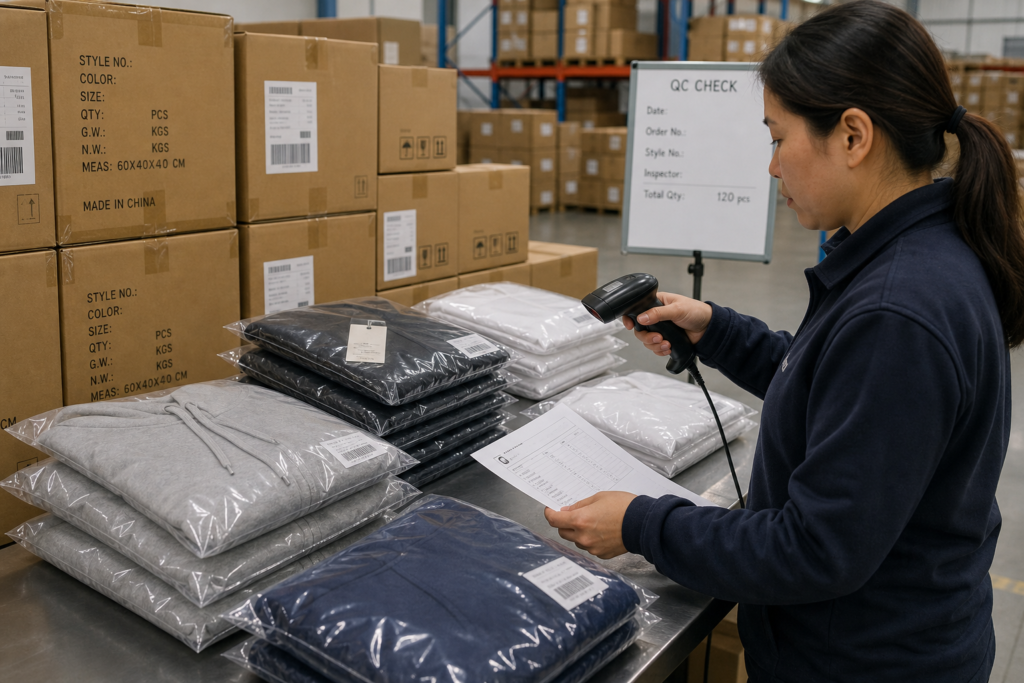 Garment QC inspector checking packed T-shirts and hoodies in polybags with barcodes and labeled shipping cartons