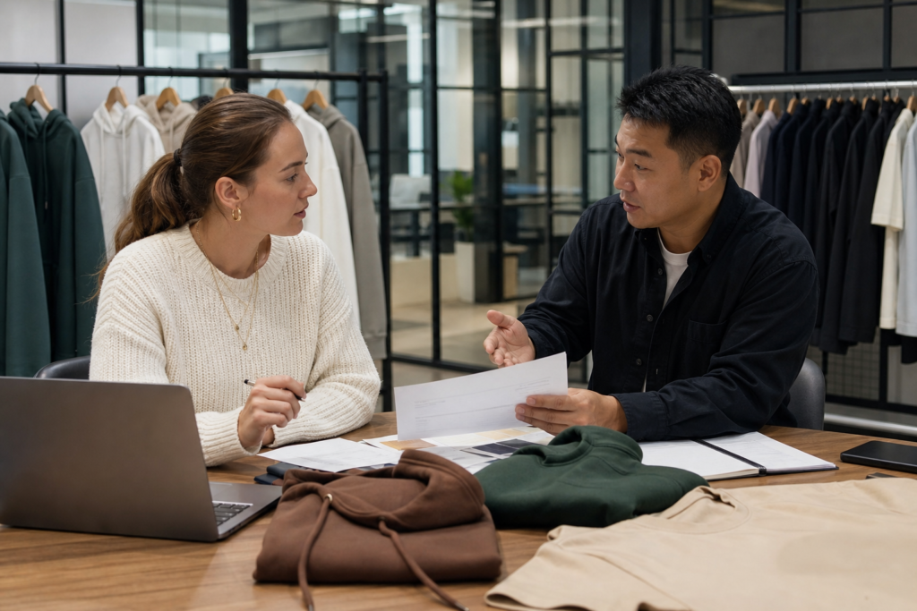 Clothing buyer and factory representative discussing sample fees with hoodie and T-shirt samples on a table