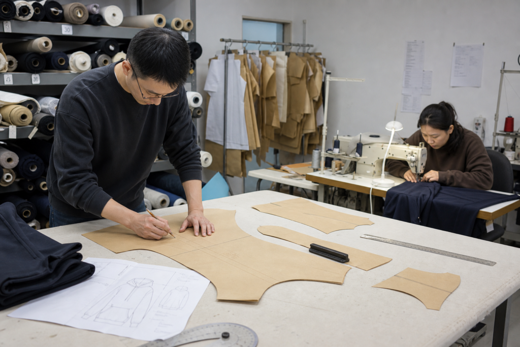 Garment sample room with a pattern maker and sewer developing a hoodie sample before bulk production