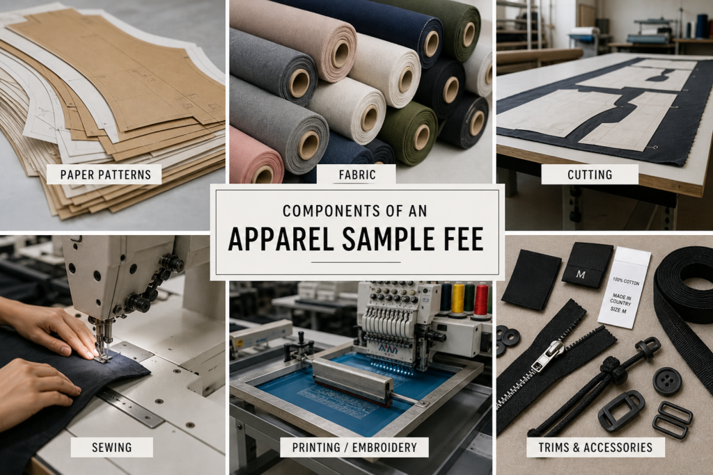 Visual collage of pattern making, fabric, cutting, sewing, printing, and trims that are typically included in an apparel sample fee