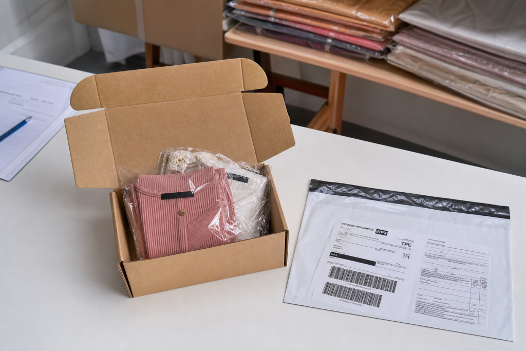 Clothing samples packed in a small carton with an express courier label ready for international shipping