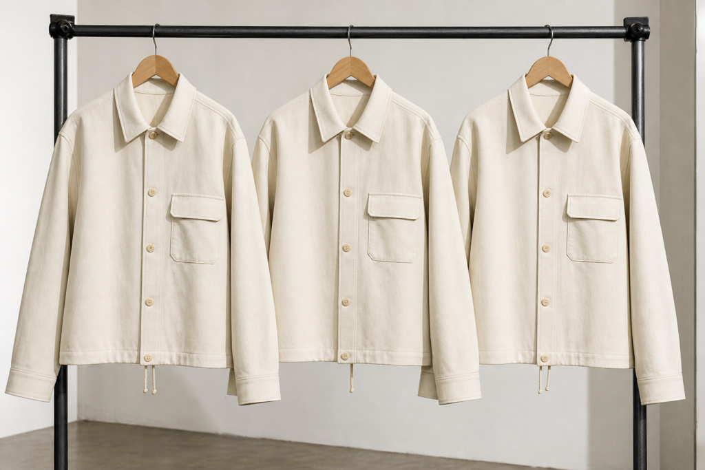 Three stages of apparel samples on a rack representing first sample, revised fit sample, and final PP sample