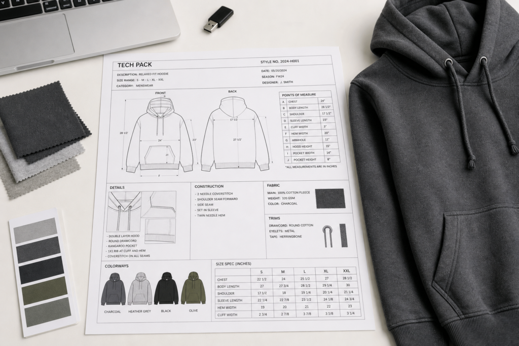 Detailed clothing Tech Pack and reference hoodie on a table to help reduce sample development costs and revisions