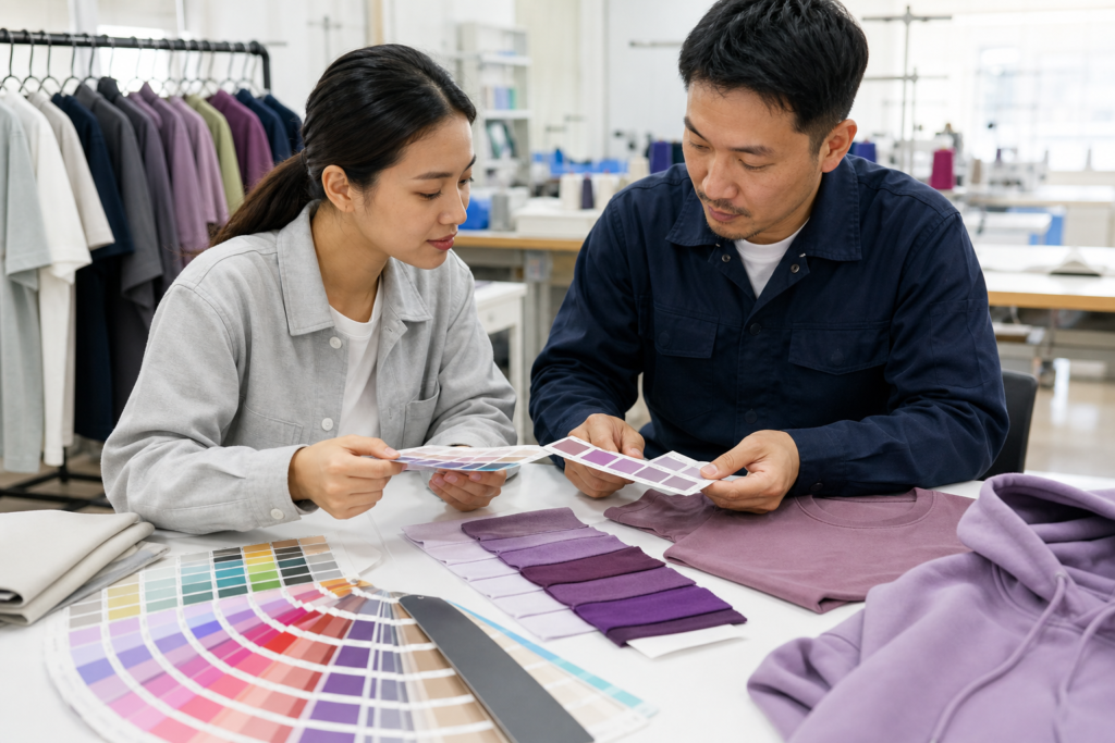 Garment designer and factory technician comparing fabric swatches with a Pantone color book to control color differences in hoodies and T-shirts