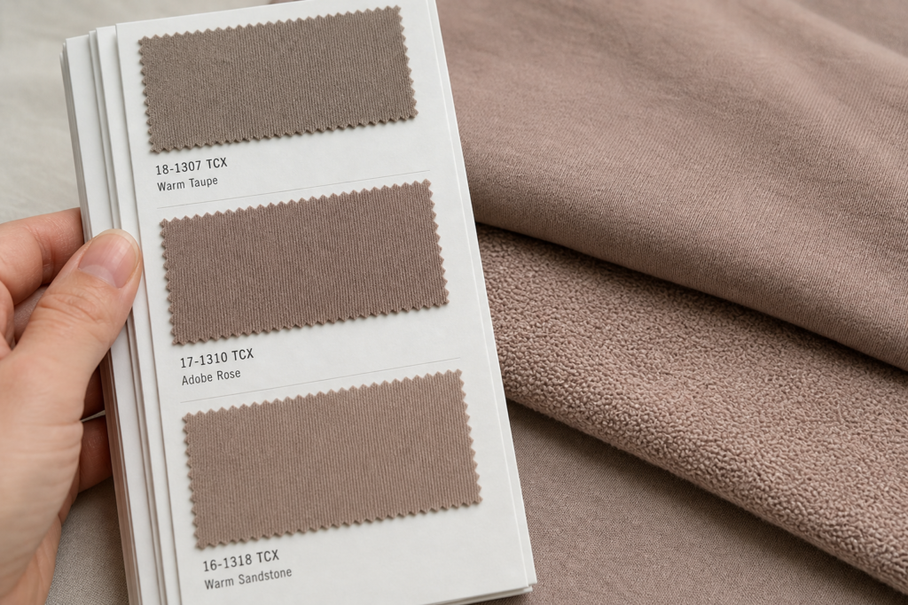 Close-up of a Pantone textile color book next to cotton jersey and French terry fabric swatches showing slight shade differences