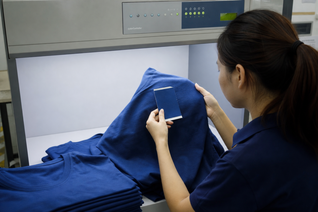 Garment quality inspector comparing T-shirt colors under a light box against an approved fabric standard during QC