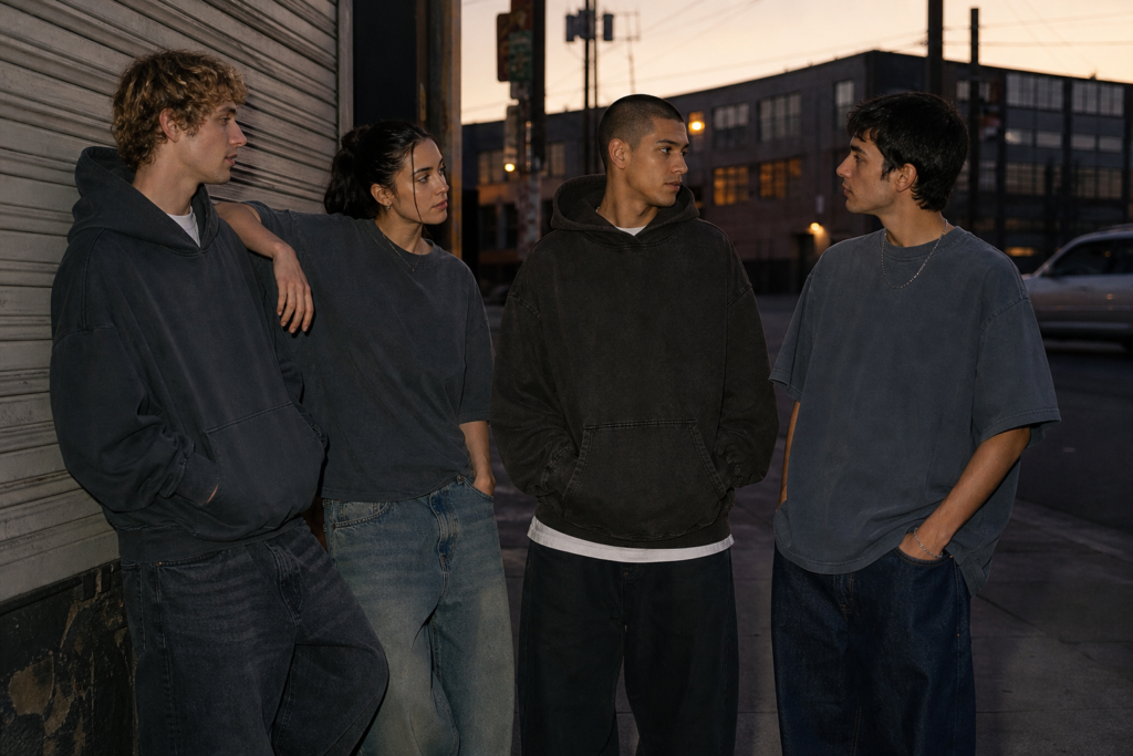 Group of young adults in boxy heavyweight T-shirts and oversized vintage-wash hoodies representing 2026 streetwear trends