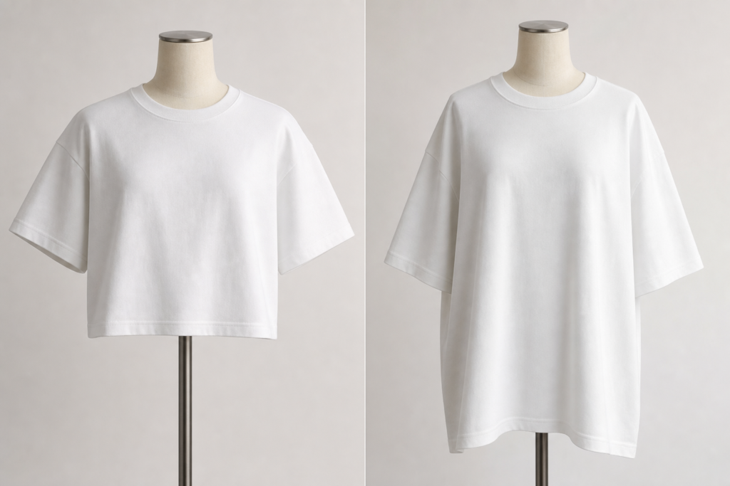 Two plain T-shirts on mannequins showing the difference between a boxy short-body fit and a longer oversized fit