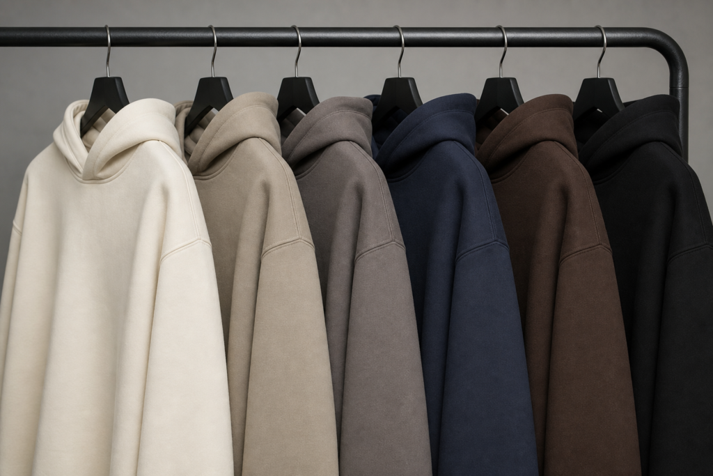 Heavyweight hoodies in neutral colors hanging on a rack to illustrate 320–400 GSM streetwear styles