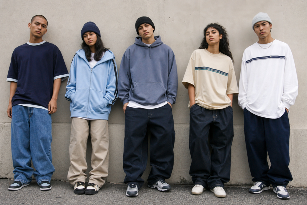 Models wearing wide T-shirts, relaxed hoodies, and loose pants inspired by 1990s and early-2000s streetwear silhouettes