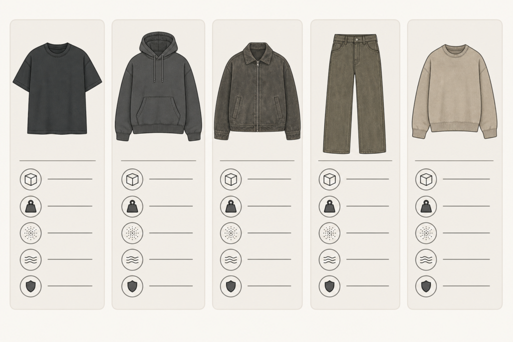 Conceptual infographic showing key 2026 streetwear products such as boxy T-shirts, heavyweight hoodies, relaxed jackets, wide-leg pants, and textured sweaters