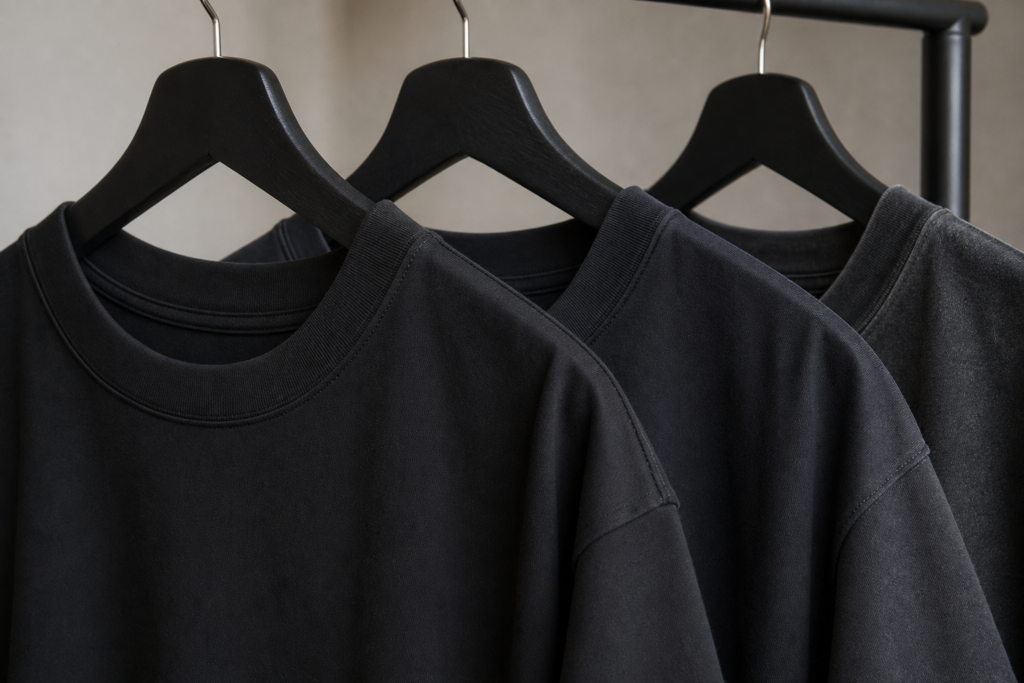 Several black T-shirts on a rack showing subtle differences between warm black, cool black, and washed black tones