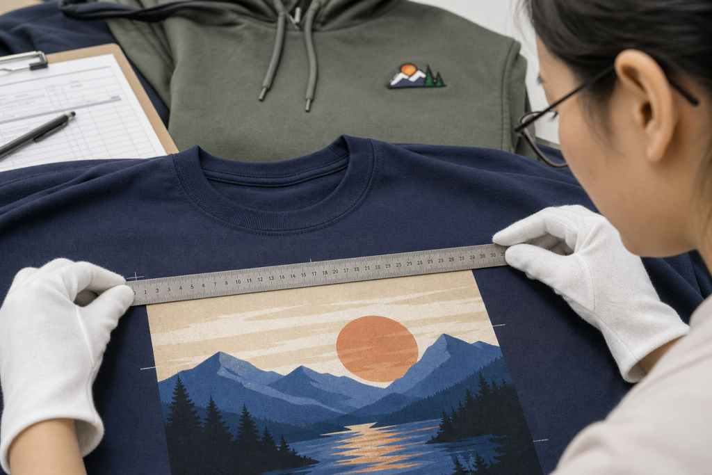 Inspector checking print position and size on a T-shirt and examining embroidery quality on a hoodie