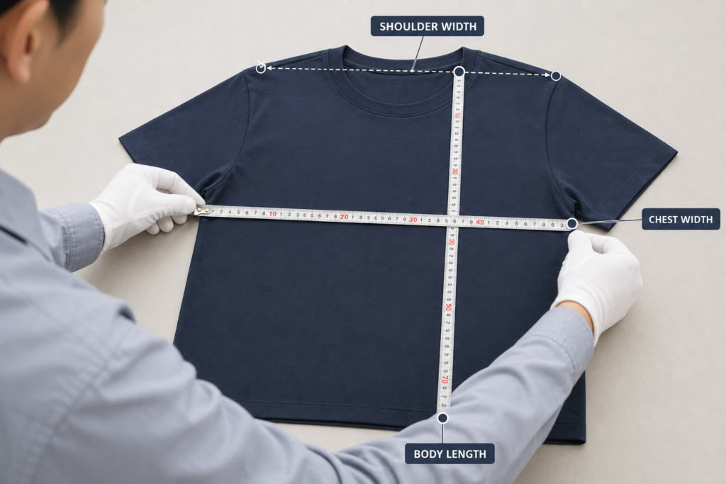 Quality inspector measuring a T-shirt flat on a table to check chest width and body length against the garment measurement chart
