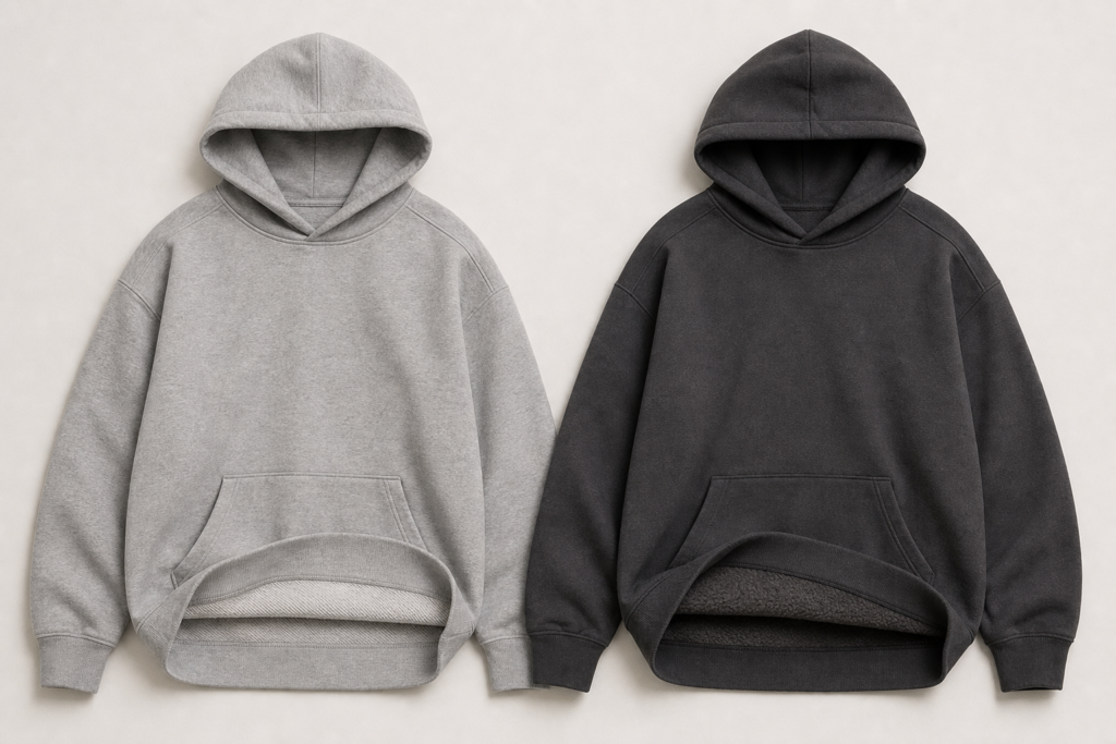 Two plain hoodies side by side, one French Terry and one fleece, showing the different inner surfaces of the fabrics