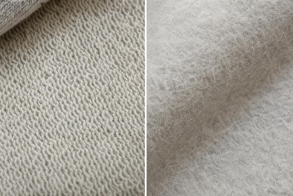 Macro close-up comparison of French Terry loops and brushed fleece fibers to show the structural difference between the two hoodie fabrics