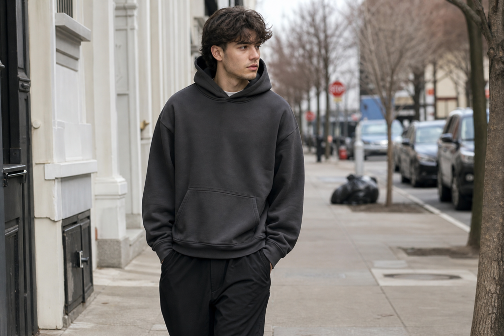 Person wearing a heavyweight French Terry boxy hoodie in a mild spring or fall streetwear setting

