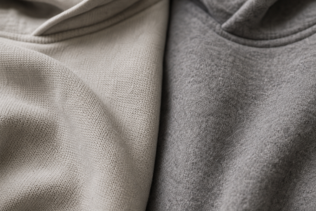 Close-up comparison of 100% cotton French Terry and cotton polyester fleece blend fabrics for hoodies