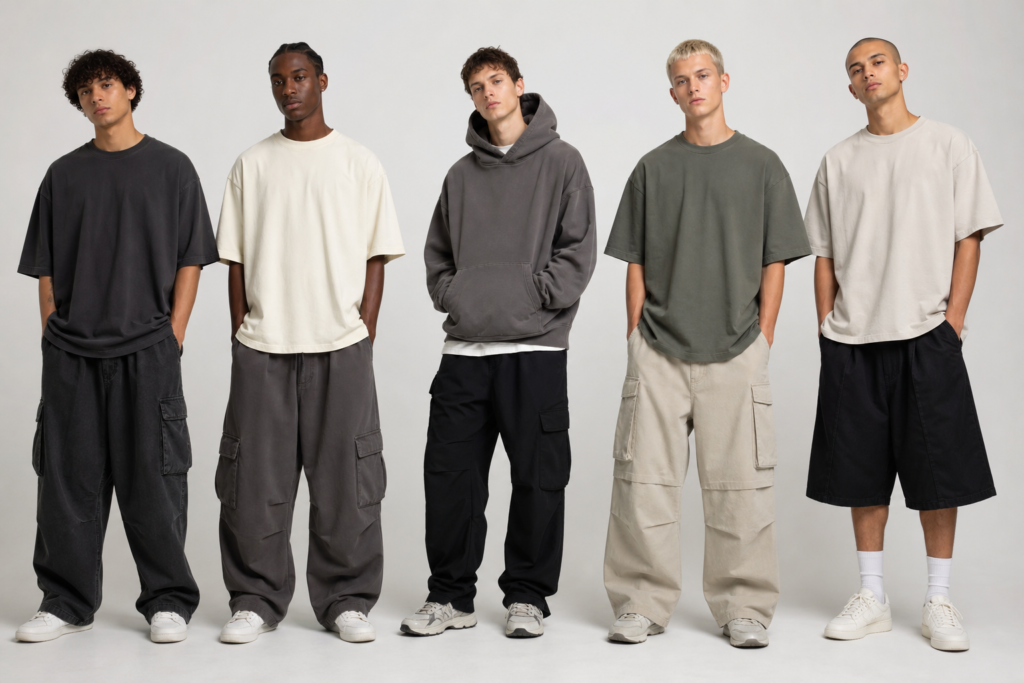 Models wearing oversized and boxy T-shirts, drop shoulder hoodies, relaxed cargo pants and baggy shorts to represent popular wholesale clothing fits

