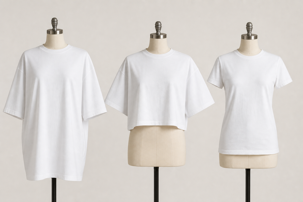 Three plain T-shirts on mannequins showing the difference between oversized, boxy, and regular fits