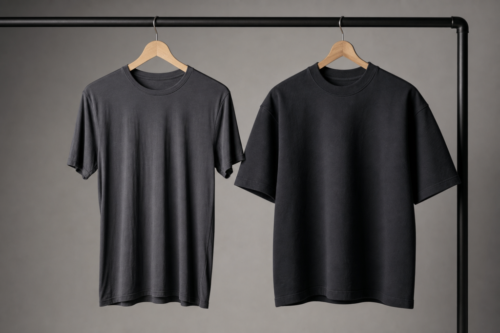 Two similar T-shirts in lightweight and heavyweight fabrics showing how fabric weight changes drape and silhouette