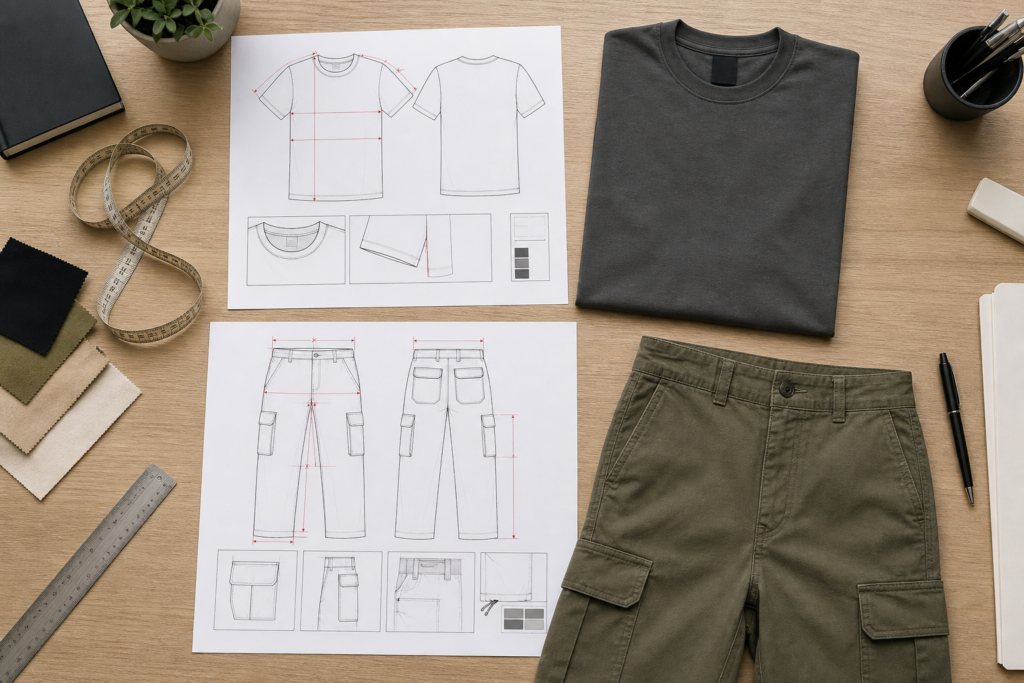 Tech pack and measuring tools on a desk showing key points of measurement for T-shirts and cargo pants