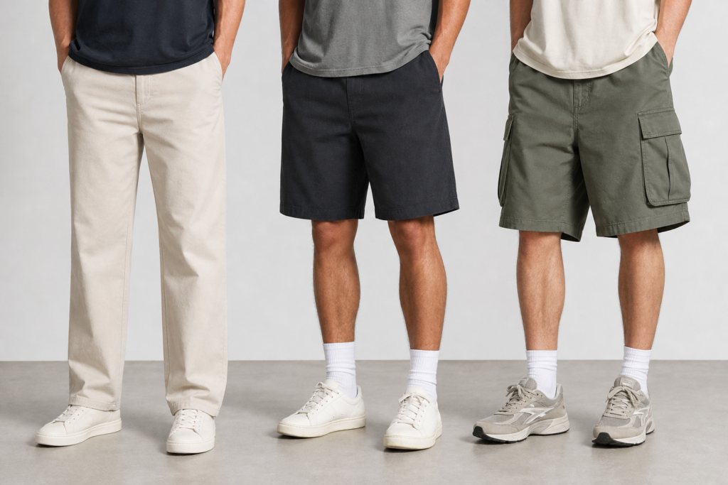Comparison of straight-leg pants, relaxed shorts and baggy cargo shorts highlighting different leg shapes and volumes