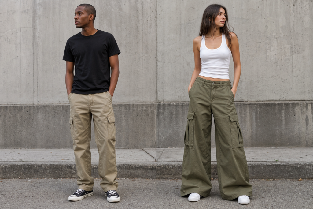 Two models wearing relaxed and wide-leg cargo pants side by side to show the difference in leg width and silhouette