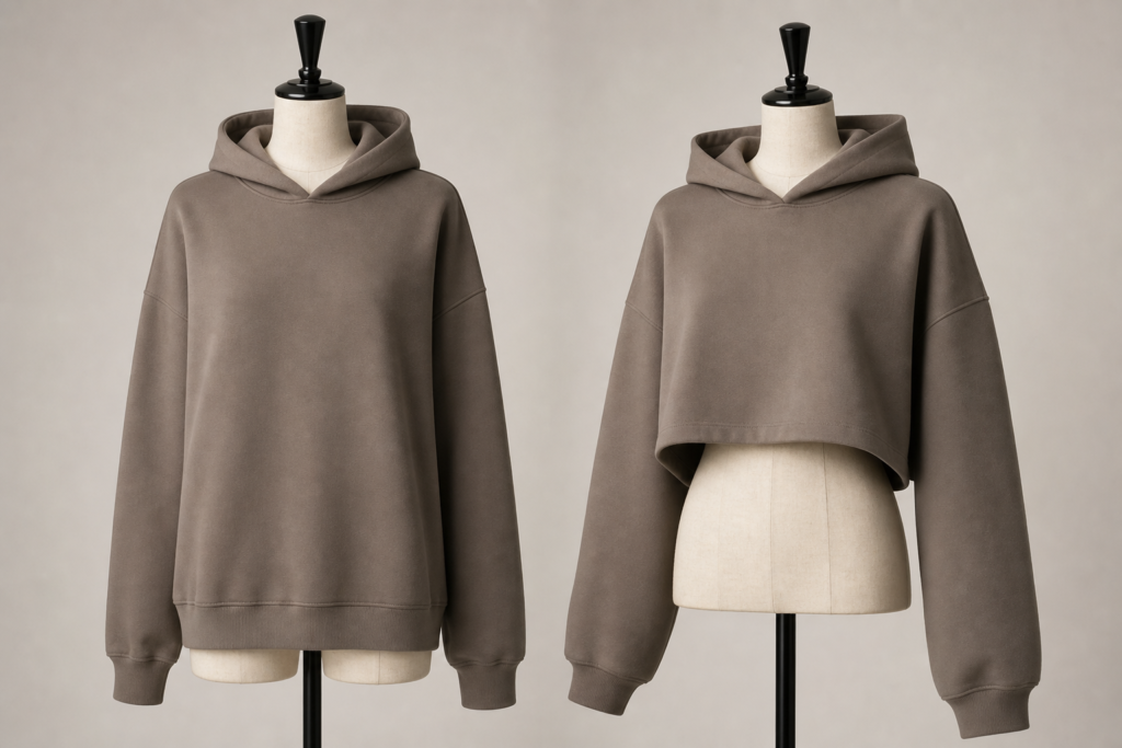 Drop shoulder hoodie and cropped boxy hoodie on mannequins to compare shoulder position and body length