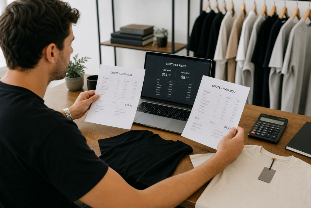 Clothing brand owner comparing low MOQ and higher MOQ quotations with garment samples and a calculator on the desk