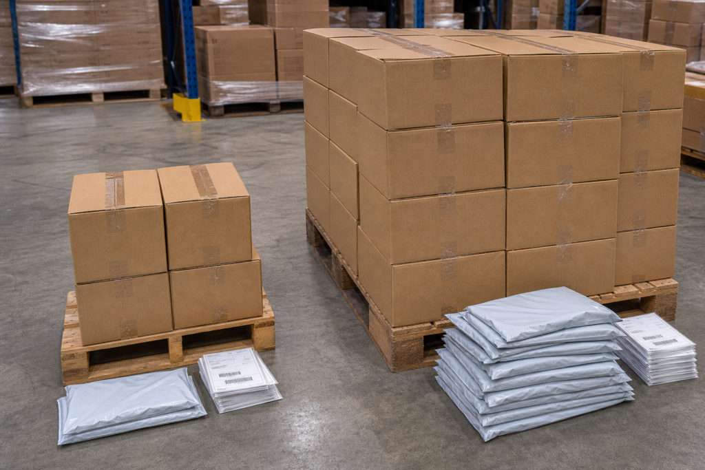 Small and large pallets of garment cartons side by side to show how packaging and shipping costs differ between low and high MOQs