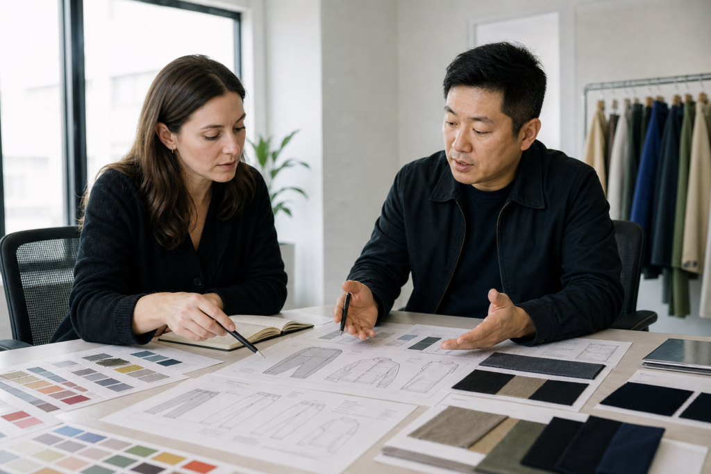 Apparel buyer discussing fabric and color options with a factory representative to optimize the cost of a small clothing order