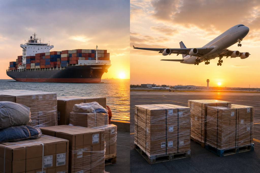 Comparison of a container ship and a cargo airplane with clothing cartons in the foreground to represent choosing between sea freight and air freight